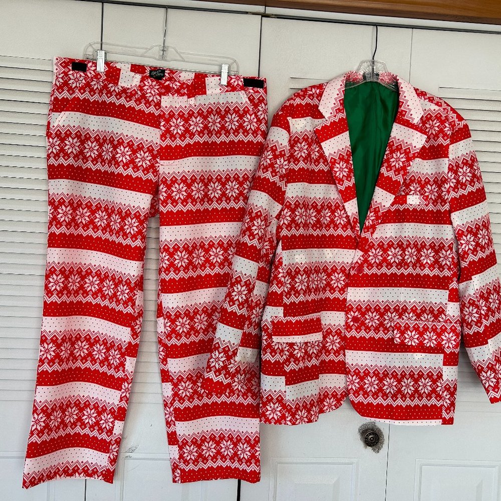 Mens LIFE OF THE PARTY Sz XL Red & White Christmas Jacket and Pants Suit FUN